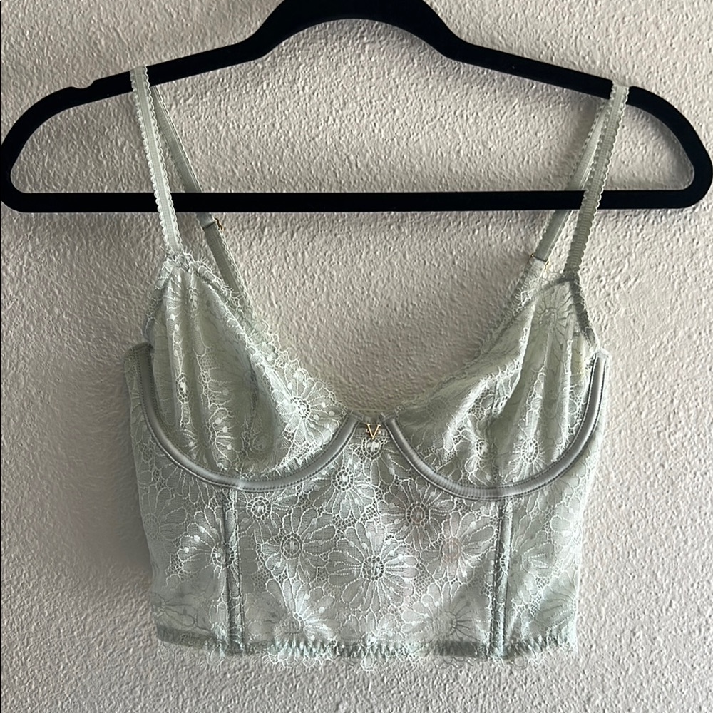 Victoria Secret unlined Demi Lace Bustier corset top, 32D sea foam green